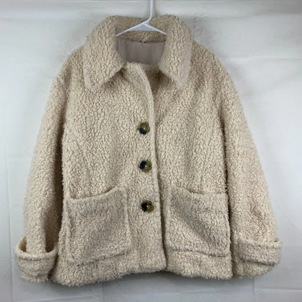 Free People Women Sz S Ivory So Soft Sherpa Oversized Teddy Button Down Pea Coat - Picture 2 of 9